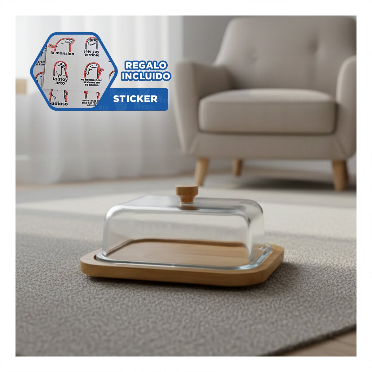 SOPORTE CON TAPA TRANSPARENTE Y MANTEQUILLA BASE DE MADERA PARA GUARDAR Y+REGALO STICKER - 1