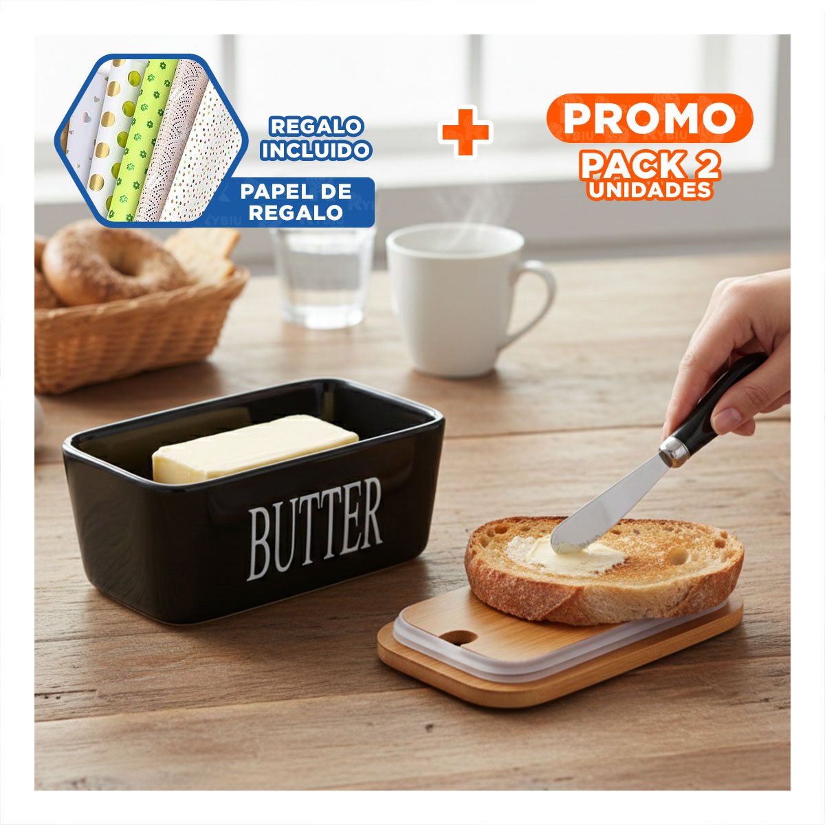 PACK2 PACK DE PORTA MANTEQUILLA BLANCO CON TAPA BAMBU Y CUCHILLO COCINA HOGAR Y+PAPEL REGALO - 1