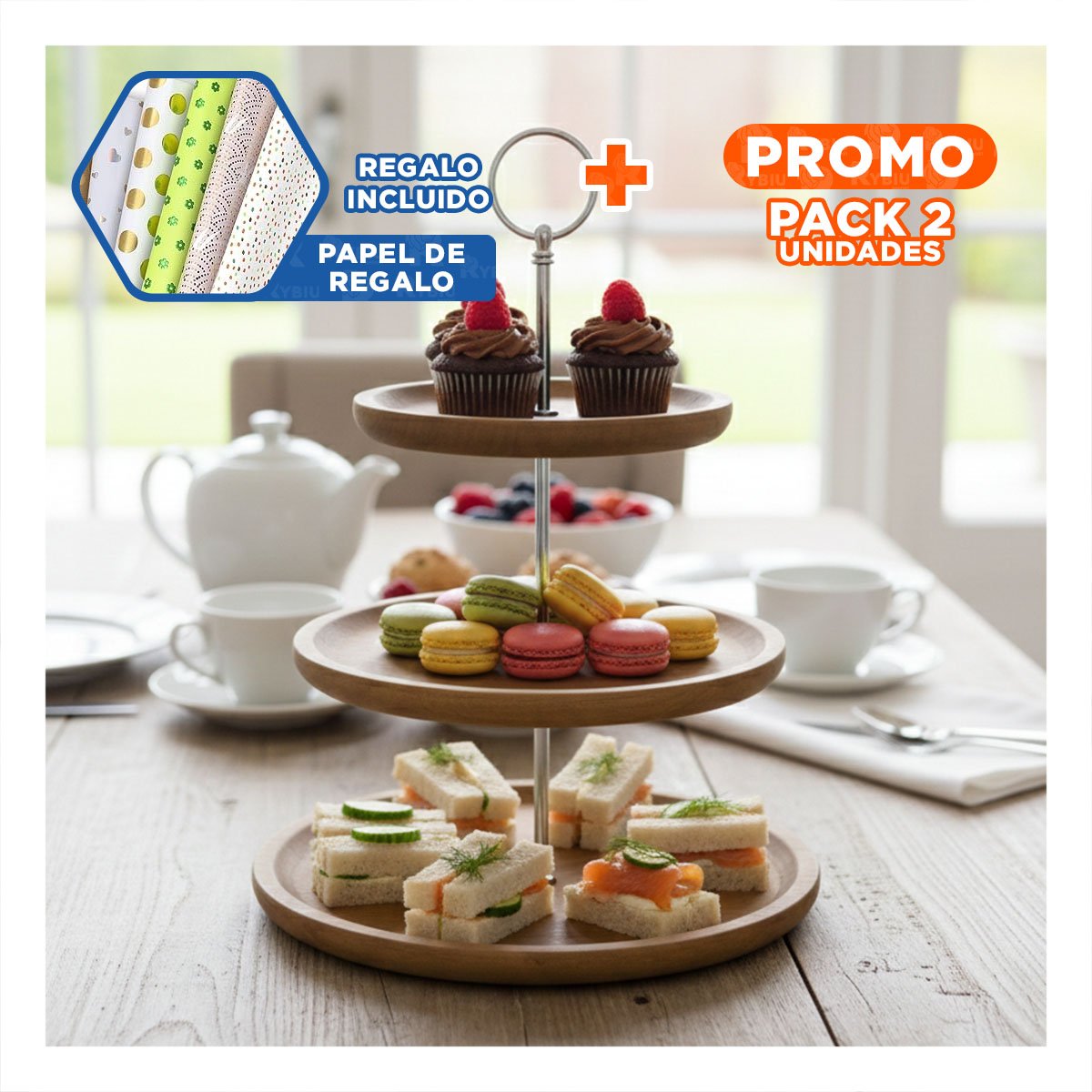 PACK2 BASE CIRCULAR EXHIBIDOR 3 NIVELES MARRON DE MADERA COCINA Y ORGANIZACIÓN Y+PAPEL REGALO - 1
