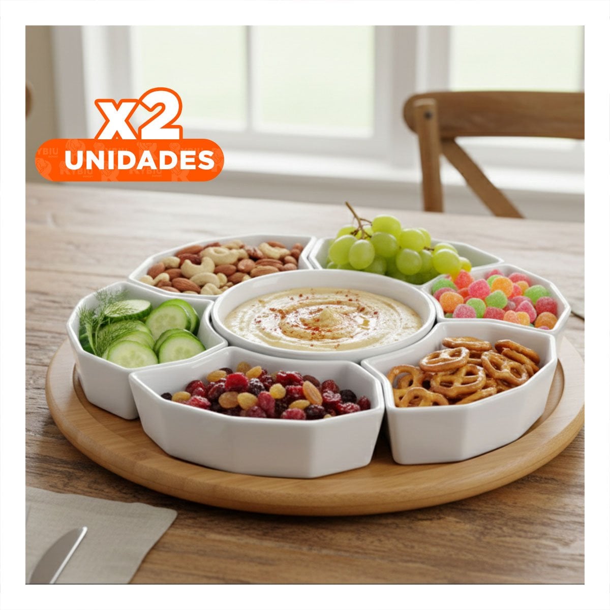 PACK2 BANDEJA DE COLOR BLANCO DE 6 BOWLS 30CM CERAMICA PARA COCINA Y COMEDOR Y+REGALO STICKER - 1