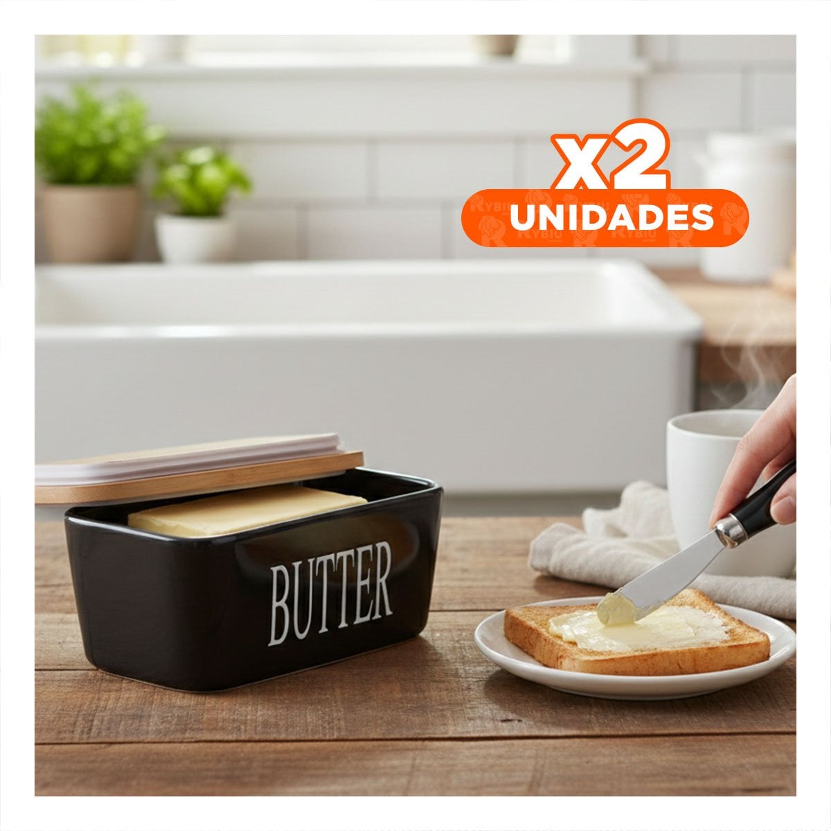 PACK2 PACK BLANCO DE PORTA MANTEQUILLA CON TAPA BAMBU Y CUCHILLO DE COCINA Y+REGALO STICKER - 1