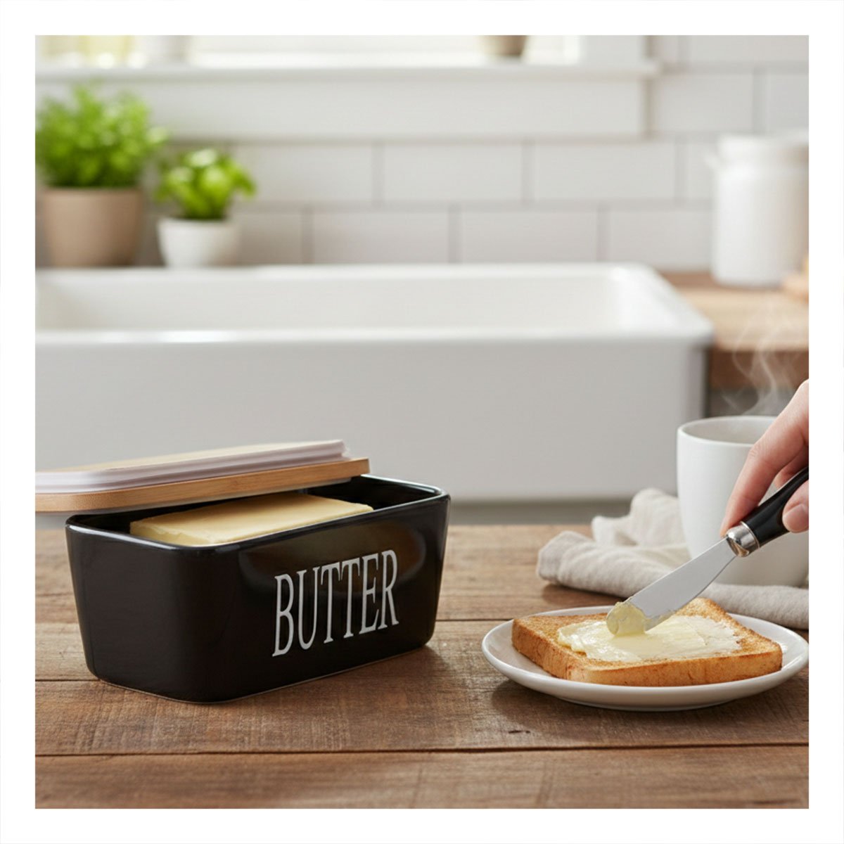 PACK2 PACK BLANCO DE PORTA MANTEQUILLA CON TAPA BAMBU Y CUCHILLO DE COCINA Y+REGALO STICKER - 3
