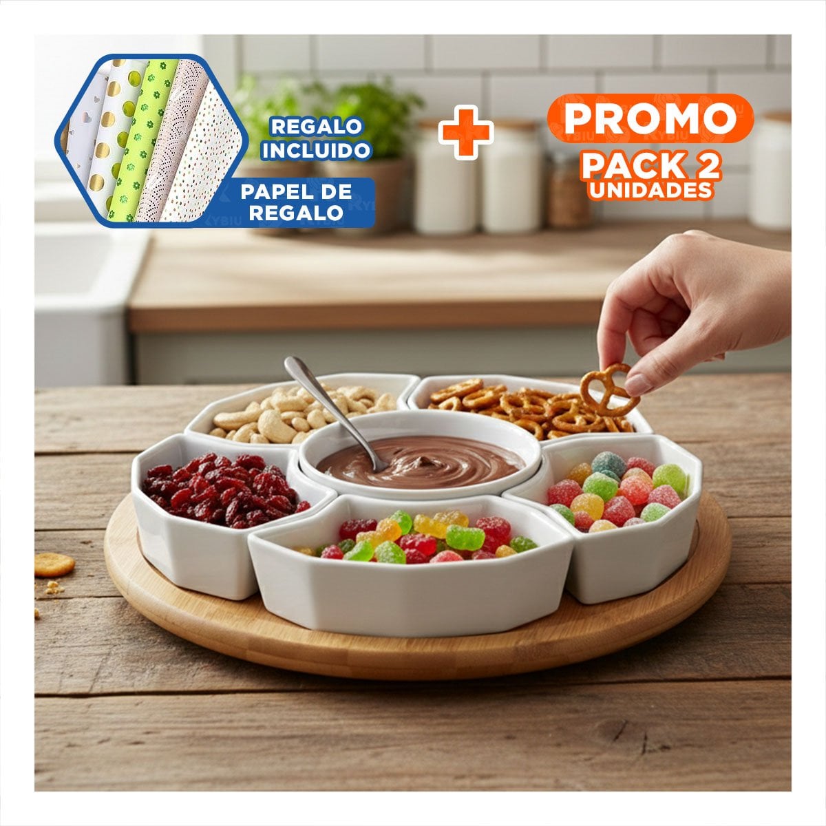 PACK2 BANDEJA 6 BOWLS DE COLOR BLANCO CERAMICA 30CM GUARDAR COMIDA Y USO DIARIO Y+PAPEL REGALO - 1