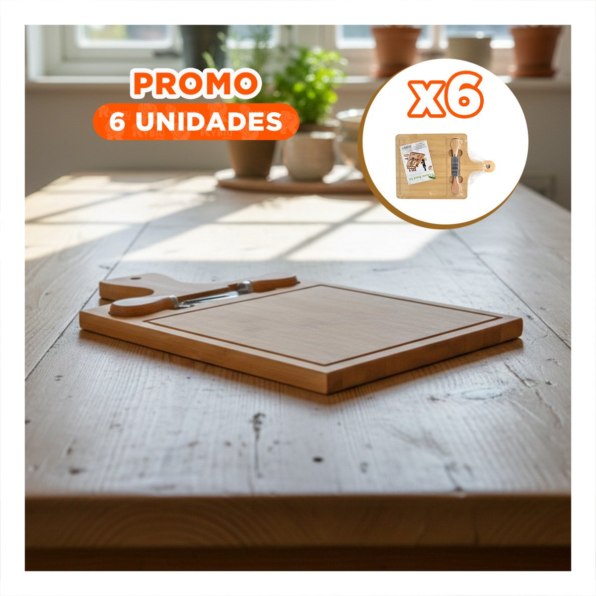 PACK6 TABLA CON 2 UTENSILIOS DE MADERA BAMBU RECTANGULAR USO DIARIO Y COCINA Y+REGALO STICKER - 1