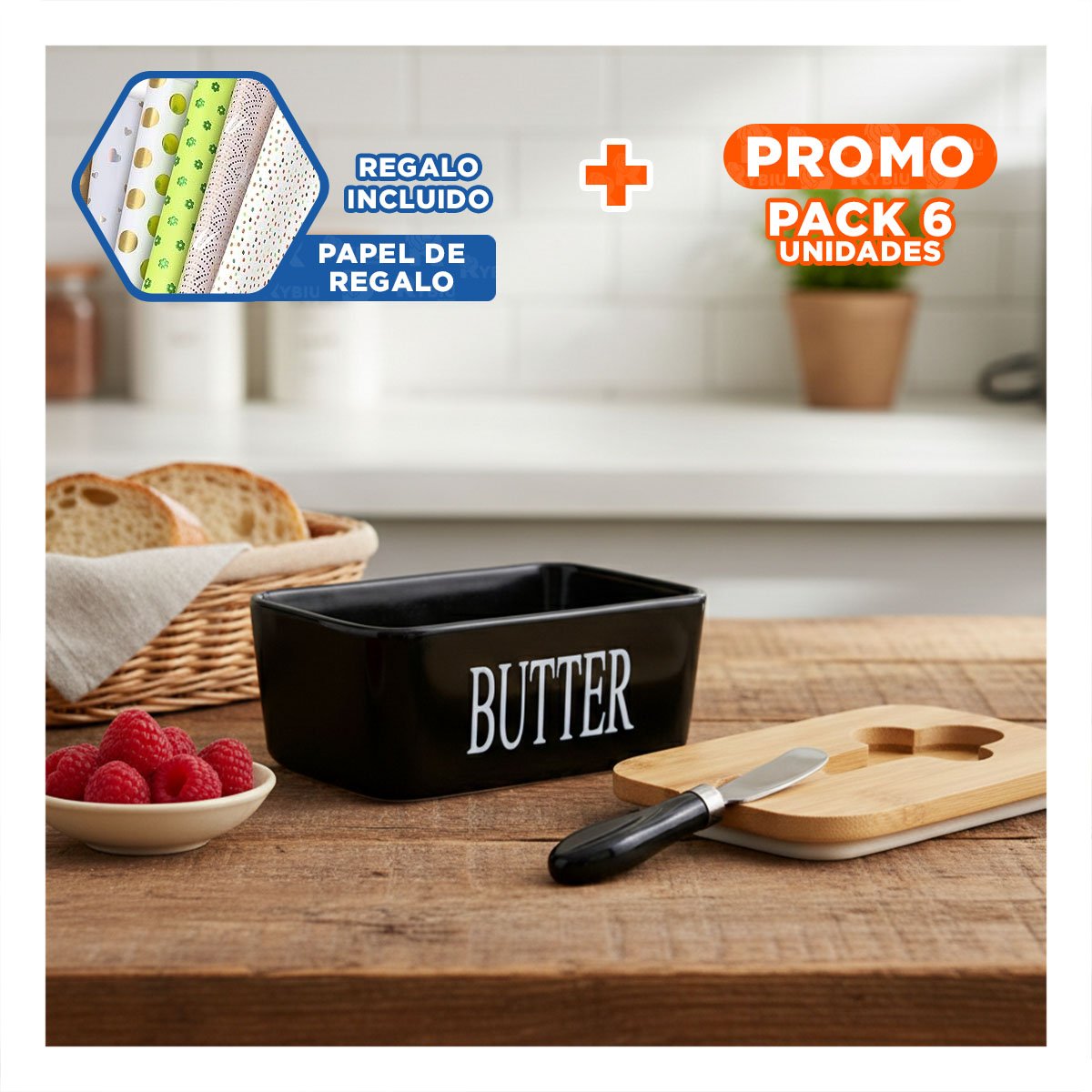 PACK6 SET DE PORTA MANTEQUILLA BLANCO CON TAPA BAMBU CUCHILLO PARA HOGAR Y+PAPEL REGALO - 1