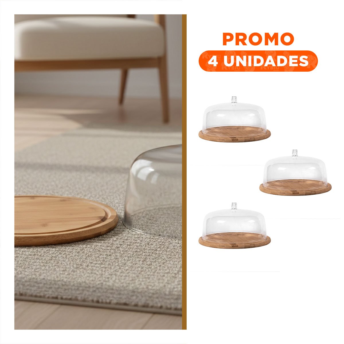 PACK4 BANDEJA DECORATIVA 28, 5CM MADERA CON CUPULA DE PLASTICO TRANSPARENTE + REGALO STICKER - 1