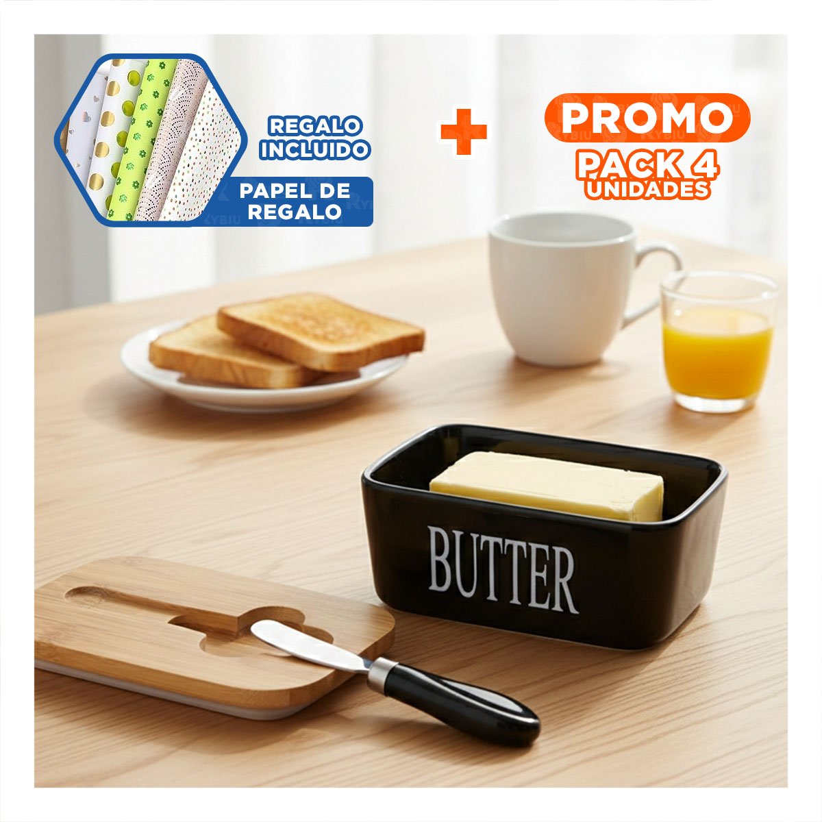 PACK4 PACK BLANCO DE PORTA MANTEQUILLA TAPA BAMBU Y CUCHILLO PARA COCINA Y+PAPEL REGALO - 1