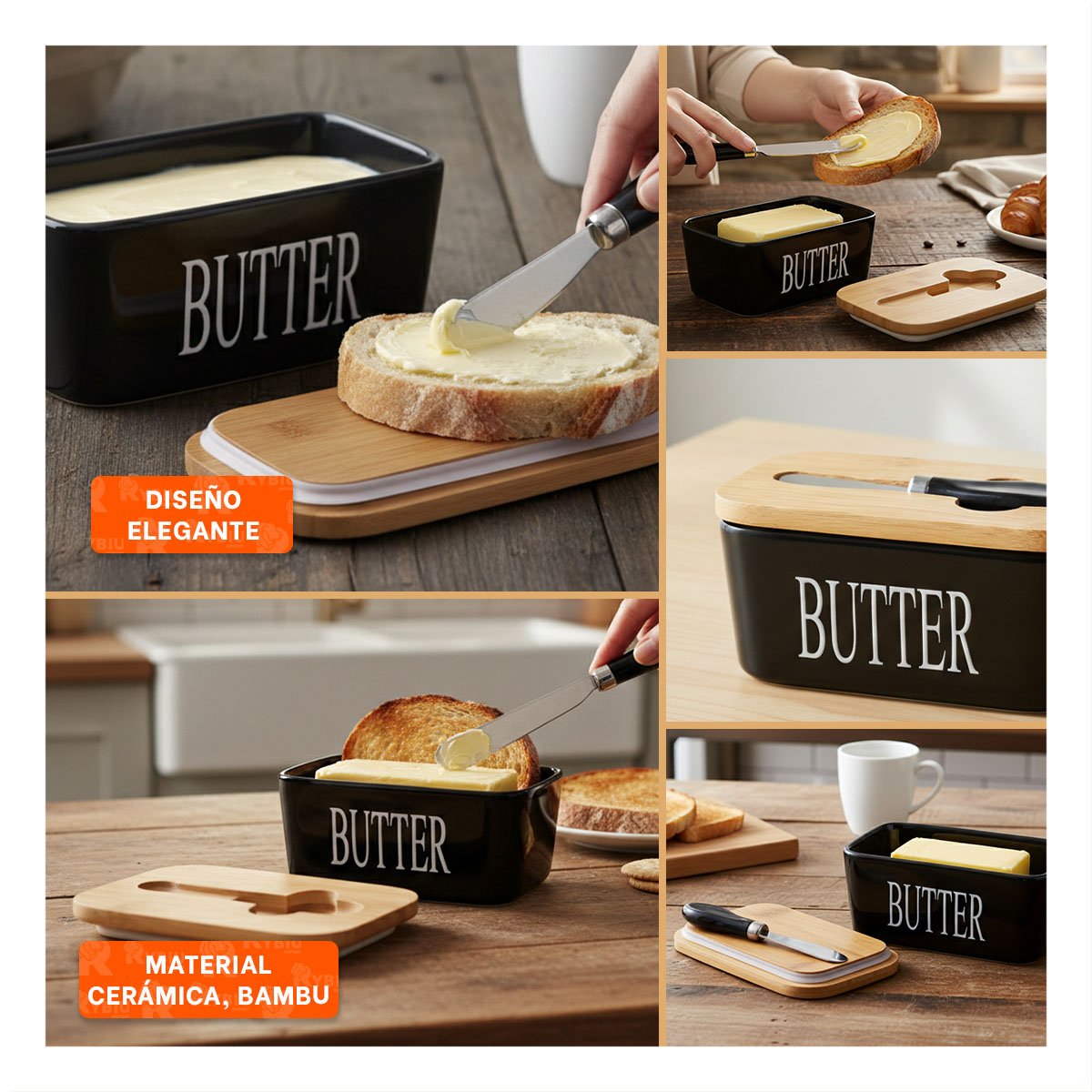 CONJUNTO DE PORTA MANTEQUILLA BLANCO CON TAPA BAMBU CUCHILLO USO DIARIO HOGAR Y+POST IT - 5