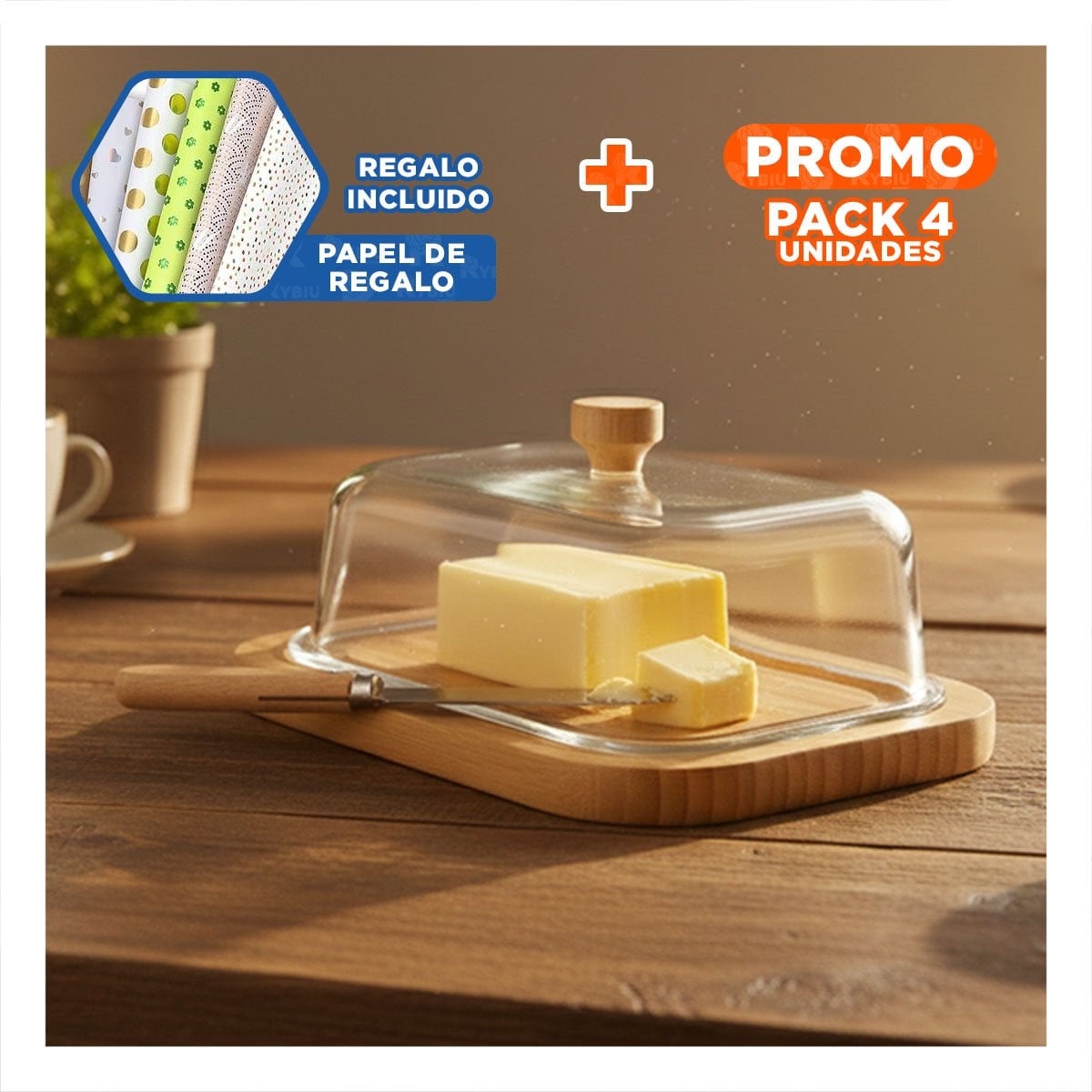 PACK4 TAPA MANTEQUILLA Y BASE DE MADERA VIDRIO TRANSPARENTE PARA GUARDAR COMIDA Y+PAPEL REGALO - 1