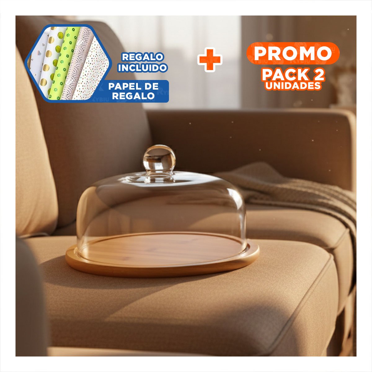 PACK2 BASE 23X18CM CON CUPULA DE VIDRIO TRANSPARENTE Y SOPORTE DE MADERA Y+PAPEL REGALO - 1