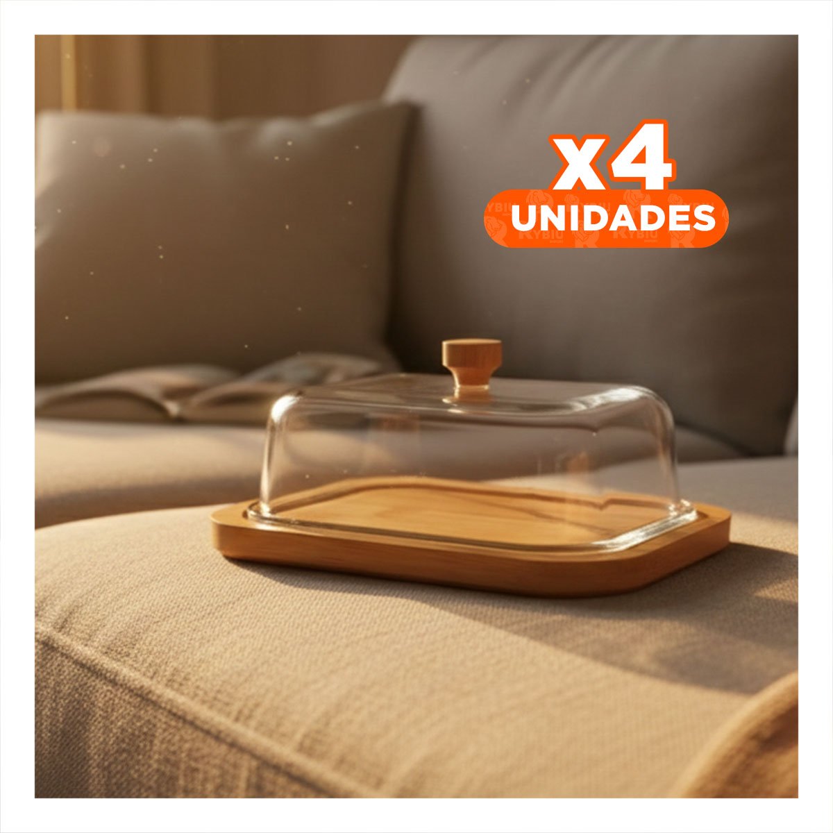 PACK4 TAPA TRANSPARENTE CON BASE DE MADERA Y MANTEQUILLA PARA MESA HOGAR - 1