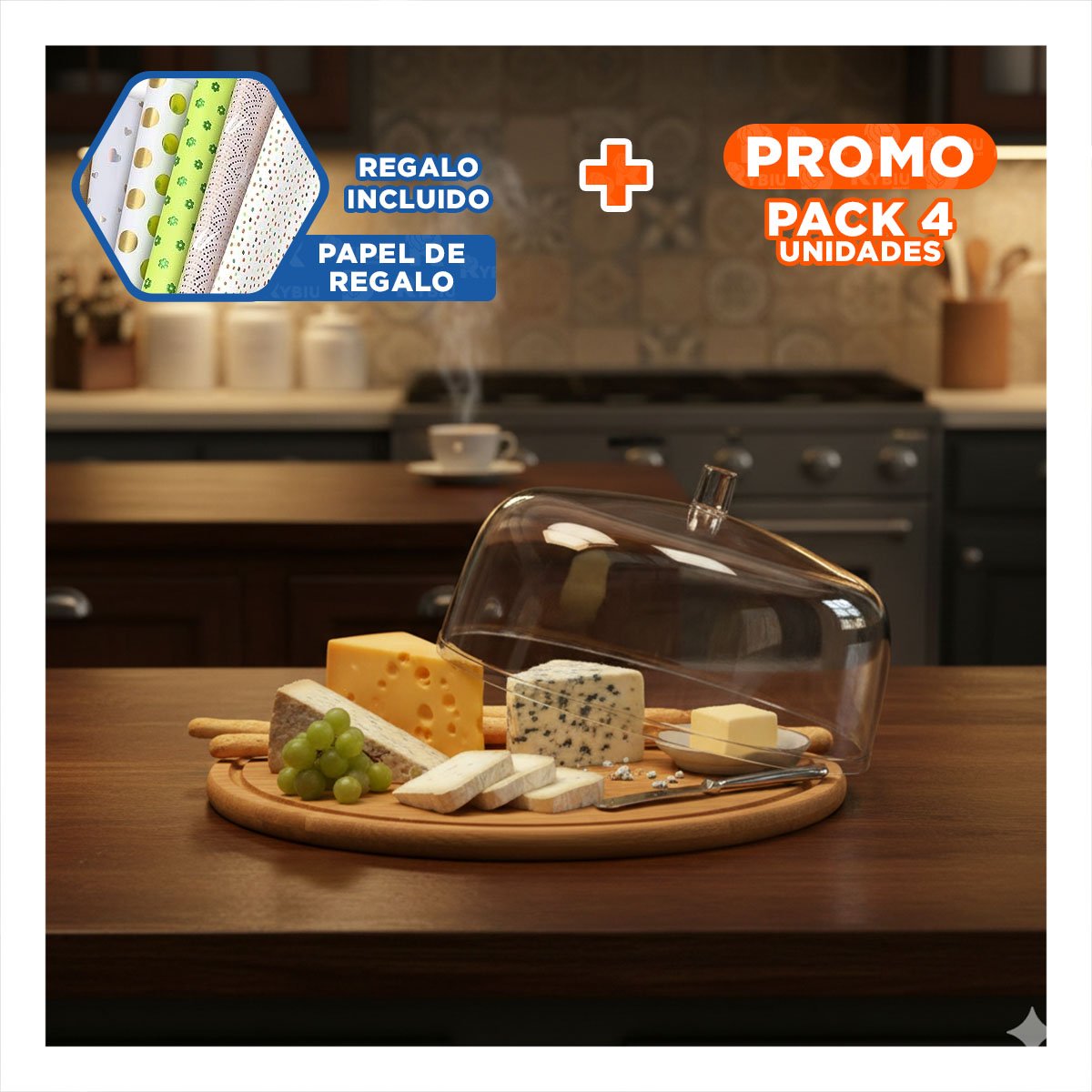 PACK4 BANDEJA 28,5CM CON CUPULA DE COLOR TRANSPARENTE DE PLASTICO Y BASE MADERA Y+PAPEL REGALO - 1