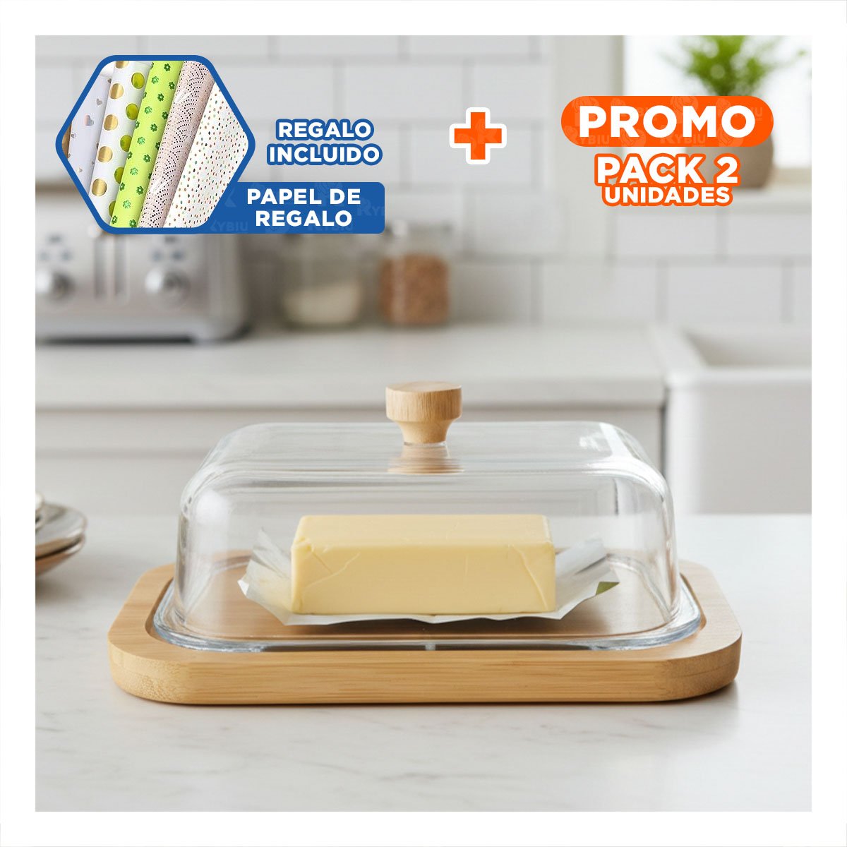 PACK2 PORTA BASE DE MADERA CON MANTEQUILLA Y TAPA TRANSPARENTE USO COTIDIANO Y+PAPEL REGALO - 1