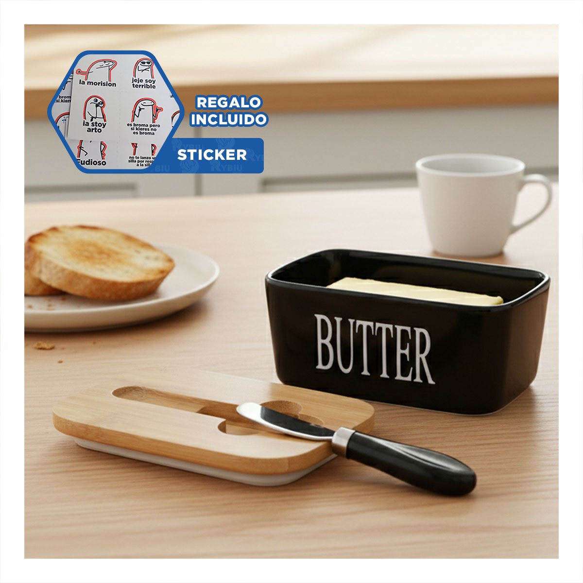 CONJUNTO DE PORTA MANTEQUILLA BLANCO CON TAPA BAMBU Y CUCHILLO Y+REGALO STICKER - 1