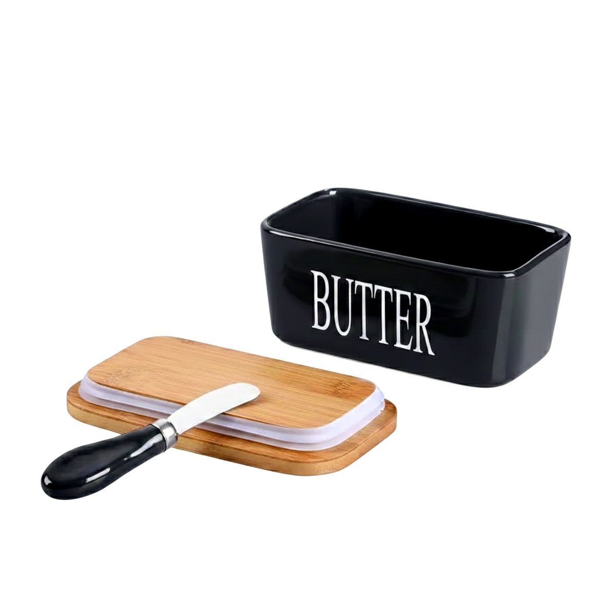 CONJUNTO DE PORTA MANTEQUILLA BLANCO CON TAPA BAMBU Y CUCHILLO Y+REGALO STICKER - 3