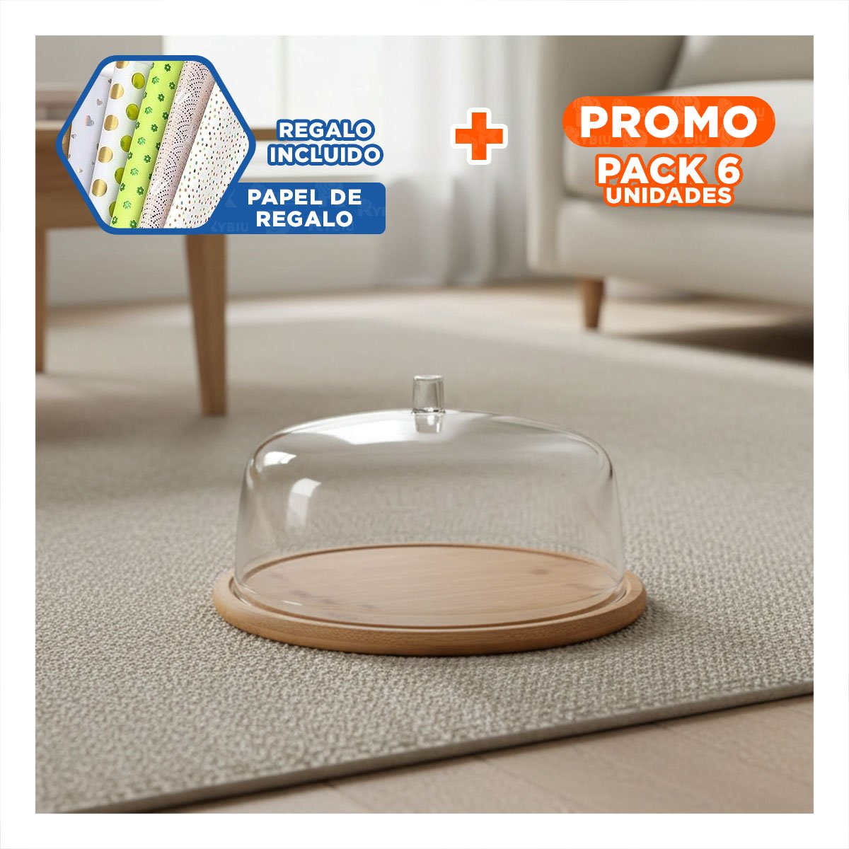 PACK6 BANDEJA DE PRESENTACION 28,5CM MADERA CUPULA DE COLOR TRANSPARENTE Y+PAPEL REGALO - 1