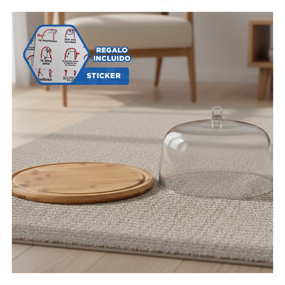 SOPORTE DE PRESENTACION 28,5CM MADERA CON CUPULA DE COLOR TRANSPARENTE Y+REGALO STICKER - 1