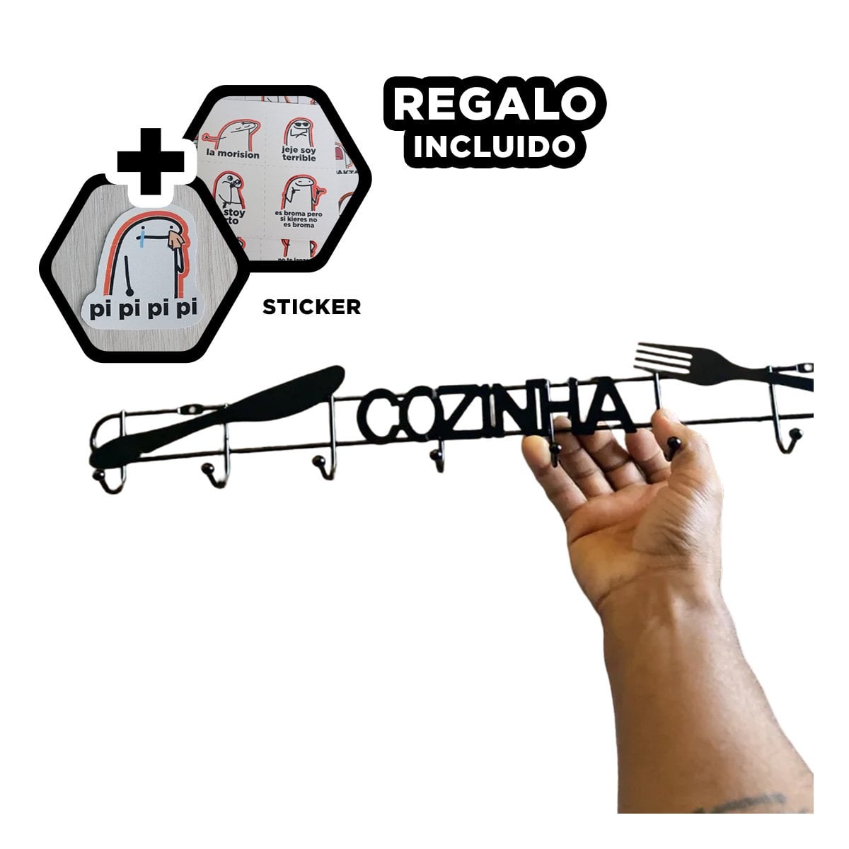 SOPORTE NEGRO DE PARED CON GANCHOS MULTIPLES PARA UTENSILIOS Y+REGALO STICKER - 1