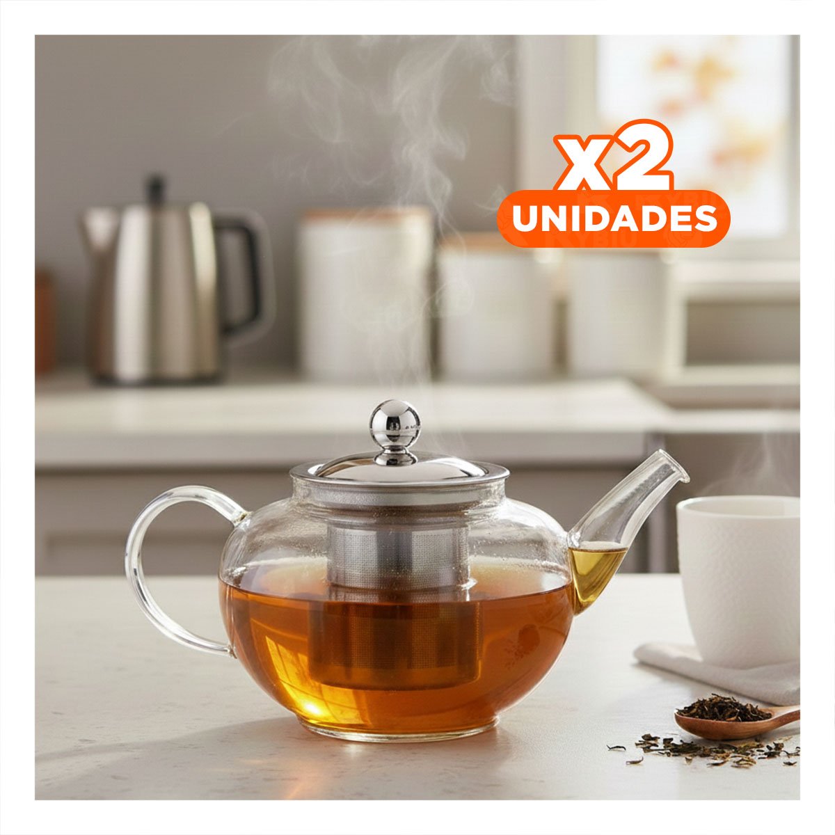 PACK2 TETERA DE COCINA 800ML DE COLOR TRANSPARENTE CON BOROSILICATO Y ACERO Y+REGALO STICKER - 1