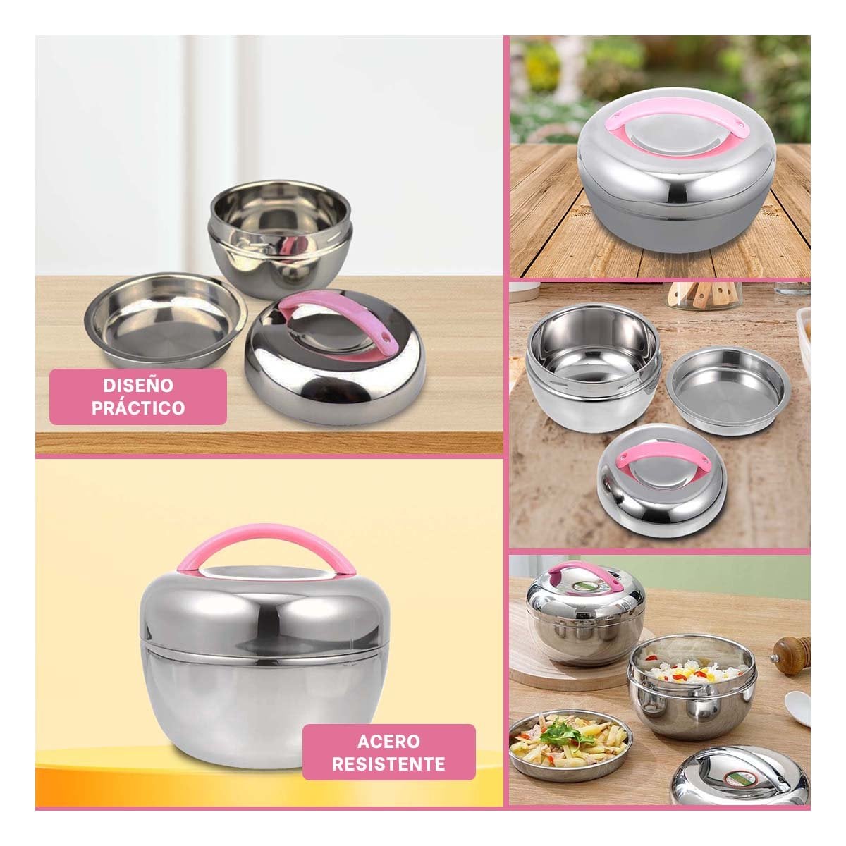 RECIPIENTE TERMO ROSA Y PLATEADO 1L CIRCULAR MODERNO Y DURABLE PARA TODA LA FAMILIA Y+POST IT - 1