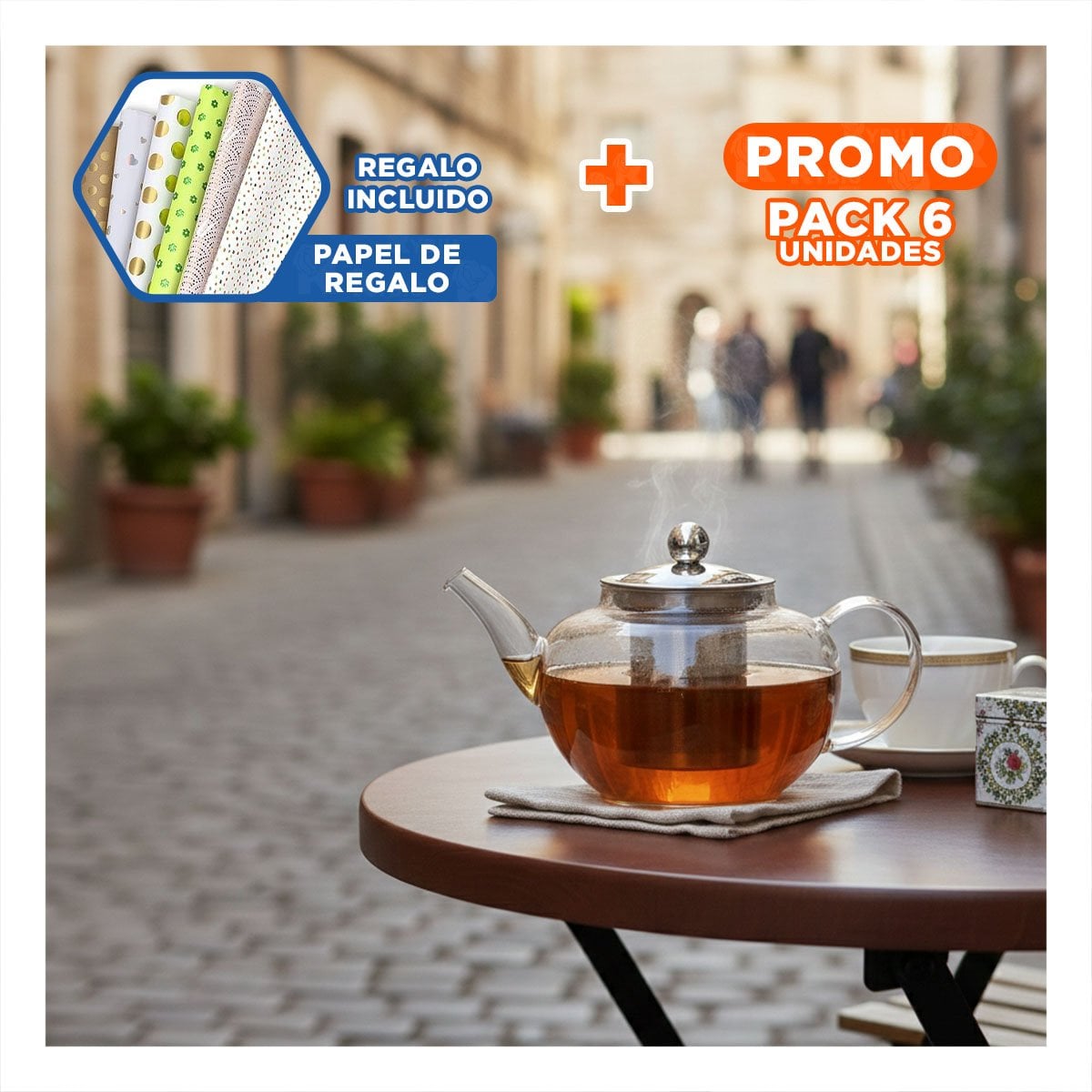 PACK6 JARRA DE INFUSION 800ML DE COLOR TRANSPARENTE EN BOROSILICATO CON ACERO Y+PAPEL REGALO - 1