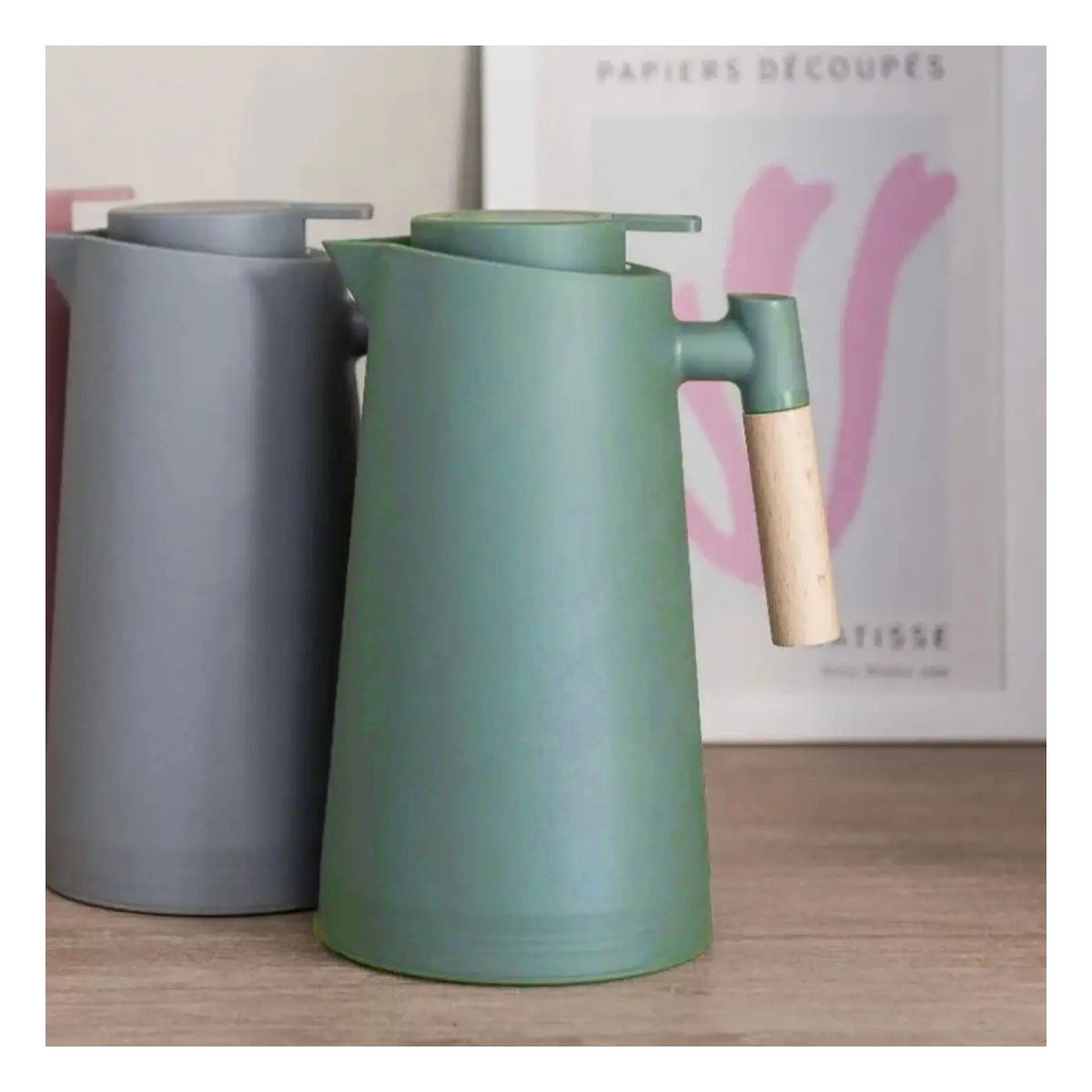 CONTENEDOR TERMO 1L COLOR VERDE AGUA CON MANGO DE MADERA PERFECTO PARA CAFE Y TE Y+POST IT - 2