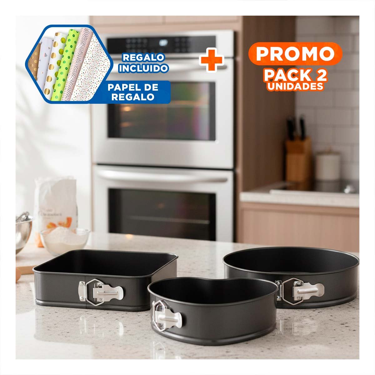 PACK2 MOLDES PARA HORNO 3 FORMAS COLOR PLATEADO CON MEDIDAS COMBINADAS Y+PAPEL REGALO - 1