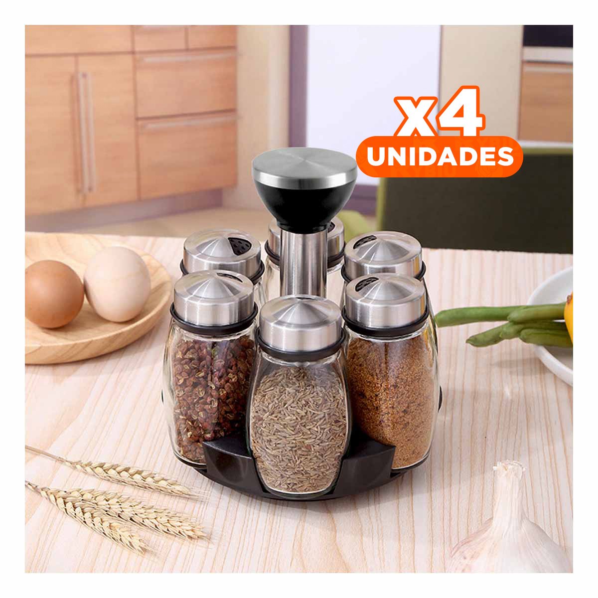 PACK4 CONDIMENTERO DE COLOR PLATEADO PARA COCINA CON 6 FRASCOS GIRATORIOS - 1