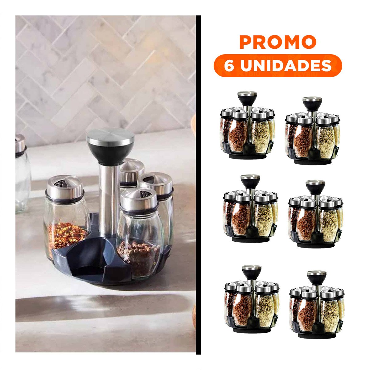 PACK6 CONJUNTO CONDIMENTERO DE COLOR PLATEADO 6 FRASCOS PARA COCINA - 1