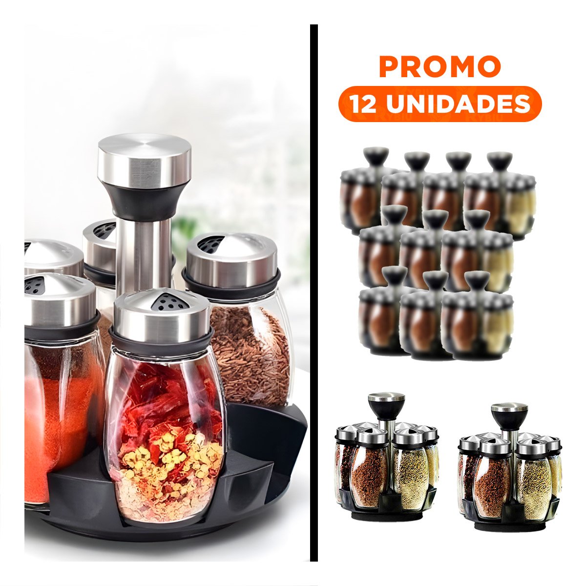 PACK12 KIT DE COCINA DE COLOR PLATEADO CON 6 FRASCOS GIRATORIOS Y+REGALO STICKER - 1