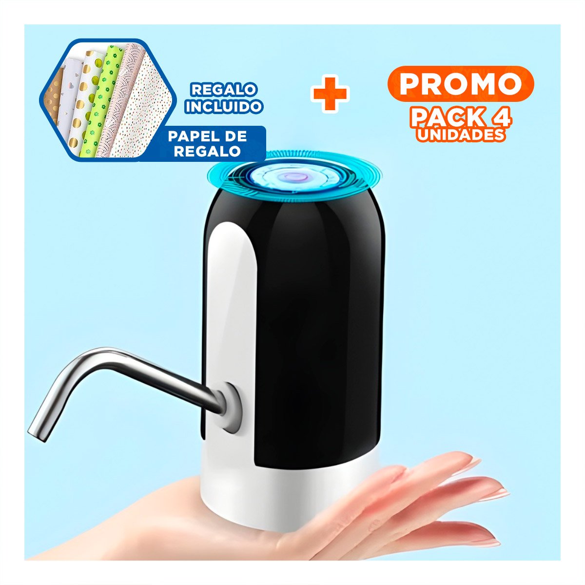 PACK4 DISPENSADOR DE AGUA DE COLOR NEGRO CON TECNOLOGIA ELECTRICO RECARGABLE Y+PAPEL REGALO - 1
