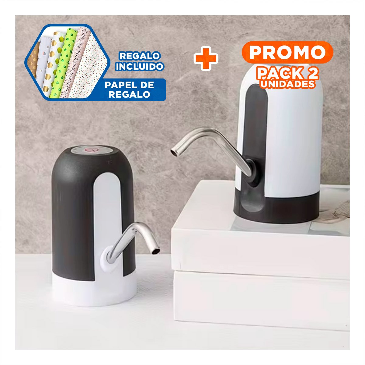 PACK2 DISPENSADOR DE AGUA RECARGABLE DE COLOR NEGRO CON MECANISMO ELECTRICO Y+PAPEL REGALO - 1