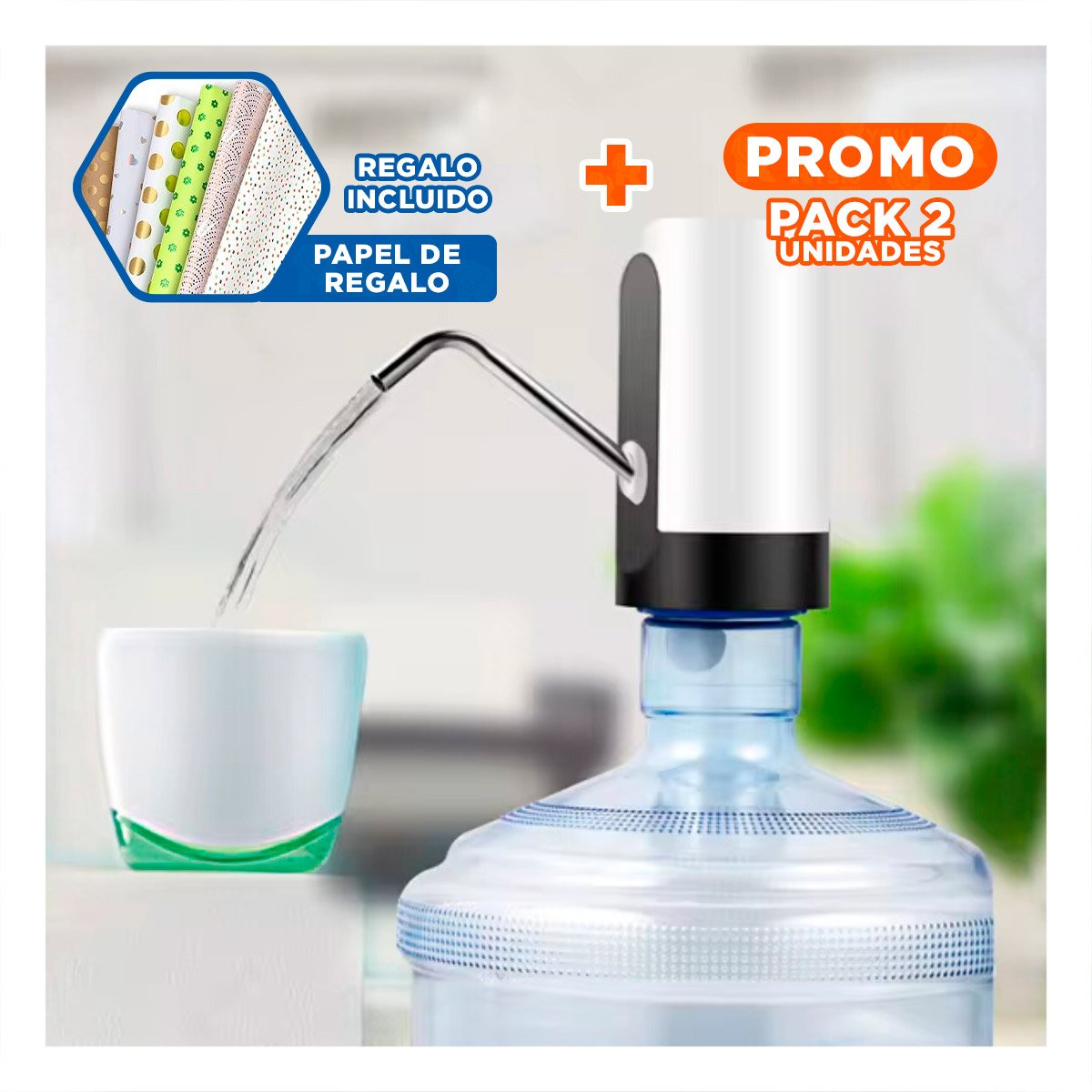 PACK2 DISPENSADOR DE AGUA RECARGABLE DE COLOR BLANCO CON MECANISMO ELECTRICO Y+PAPEL REGALO - 1