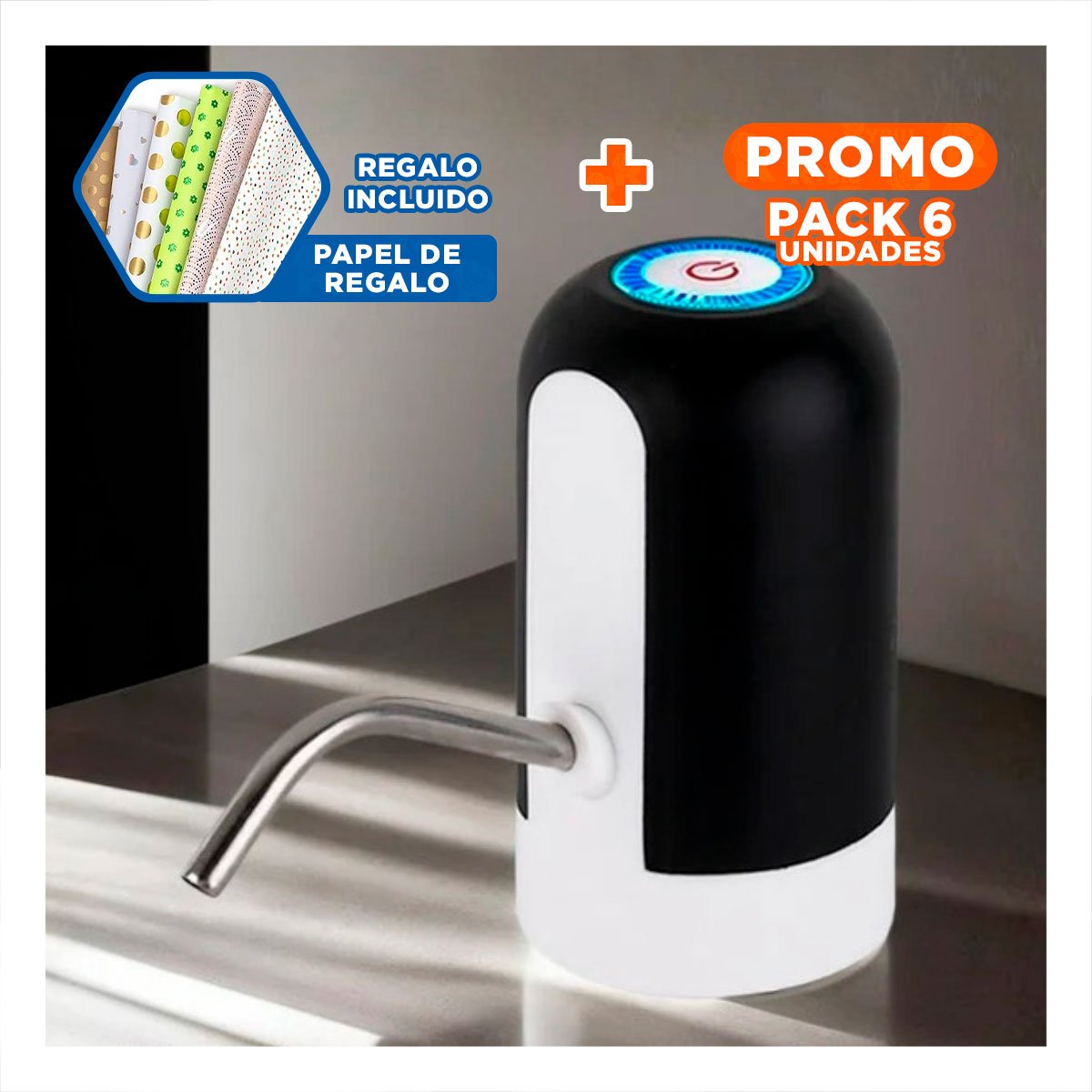 PACK6 SISTEMA DE AGUA ELECTRICO DE COLOR NEGRO CON CARGA RECARGABLE Y+PAPEL REGALO - 1