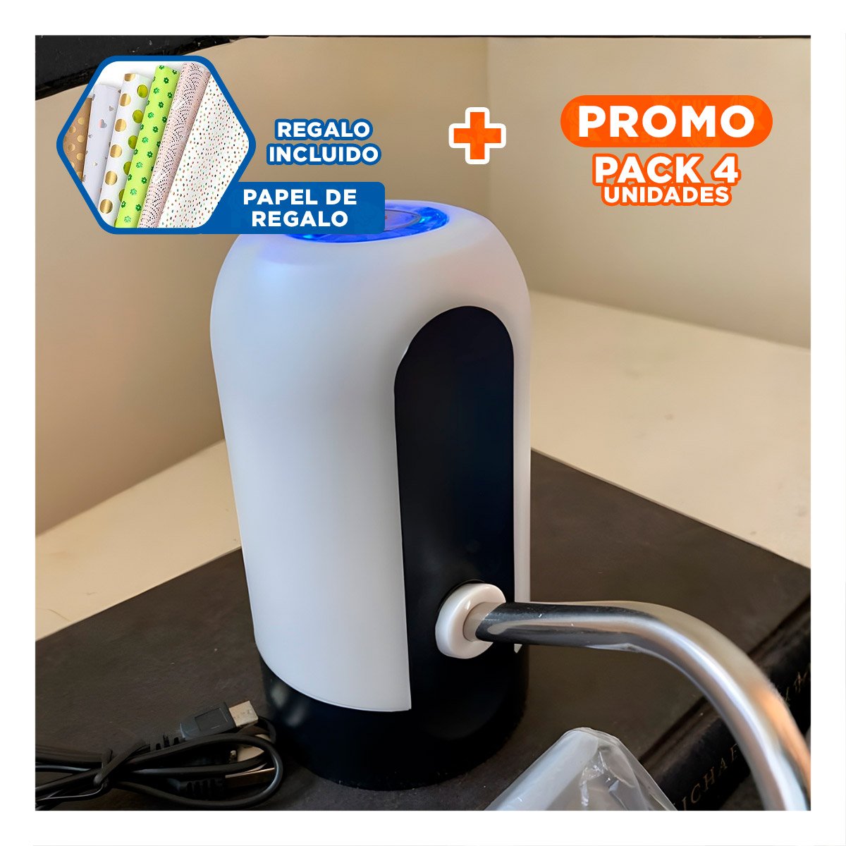 PACK4 DISPENSADOR DE AGUA DE COLOR BLANCO CON TECNOLOGIA ELECTRICO RECARGABLE Y+PAPEL REGALO - 1