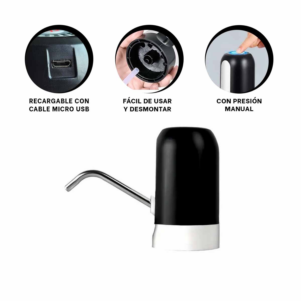 BOMBA DE AGUA ELECTRICO RECARGABLE DE COLOR NEGRO PARA COCINA - 3