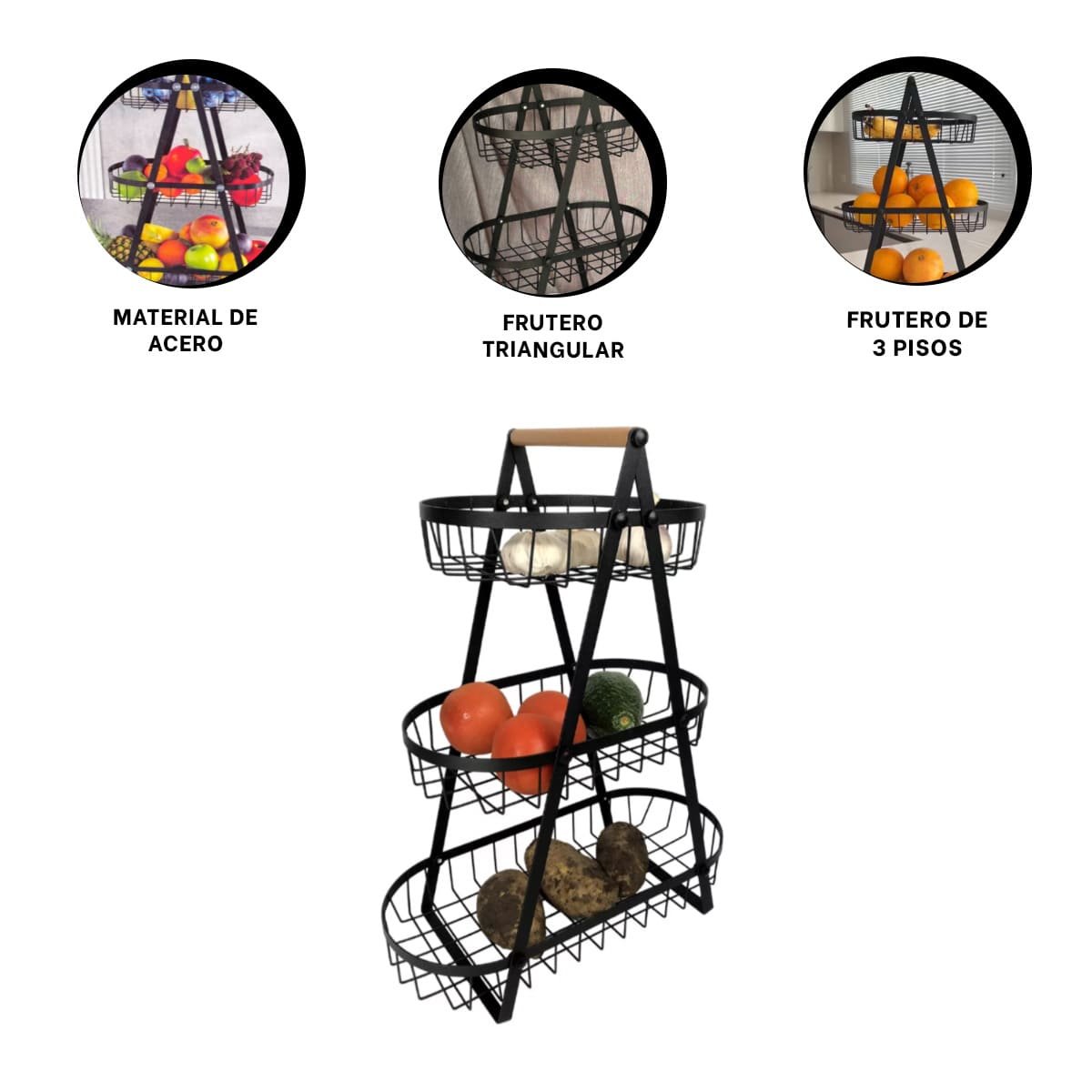 SOPORTE TRIANGULAR PARA MANTENER FRUTAS Y EXHIBIR EN MESA NEGRO - 3