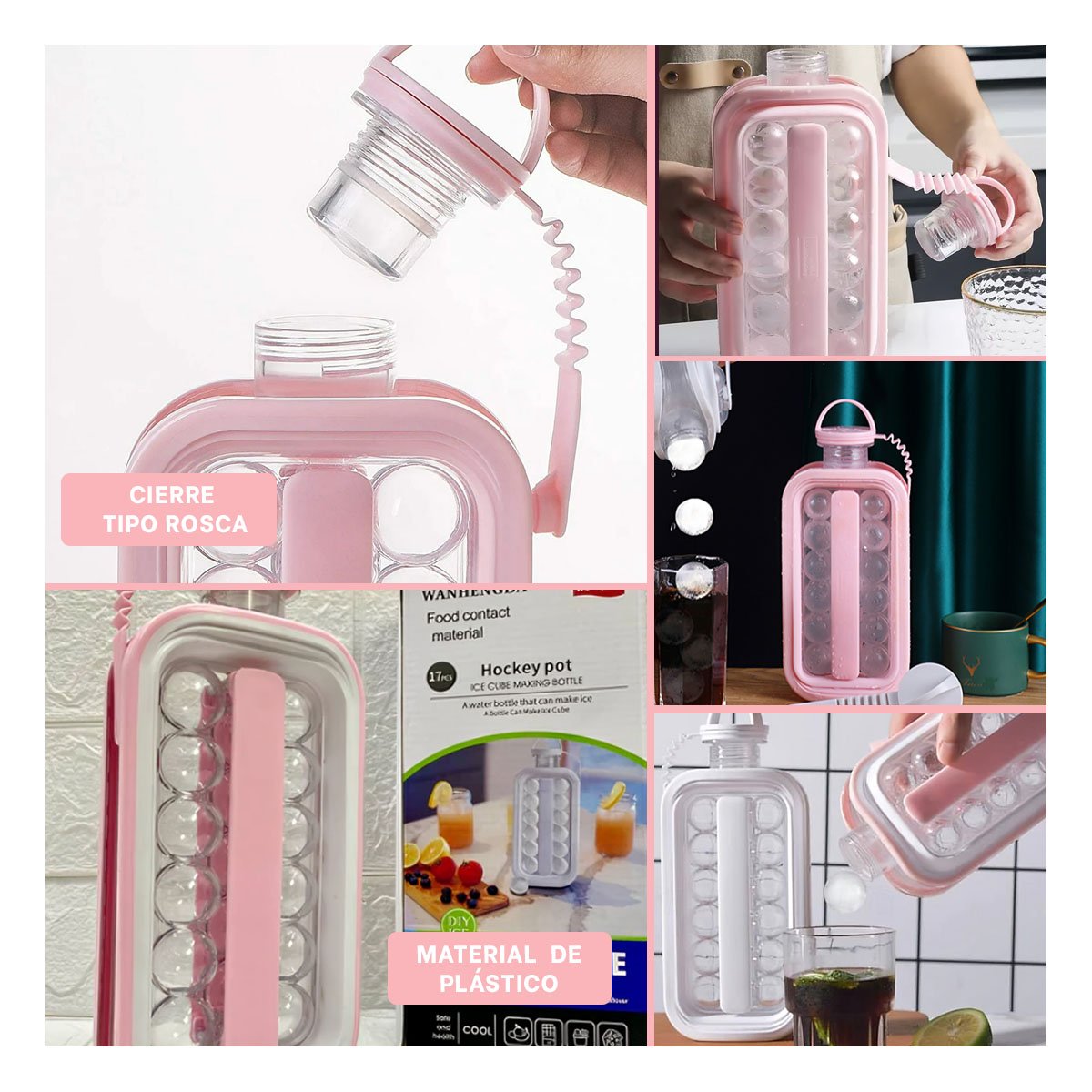 PACK6 BOTELLA PARA PREPARAR CUBOS REDONDOS Y MANTENER BEBIDAS FRIAS ROSADO Y+PAPEL REGALO - 3