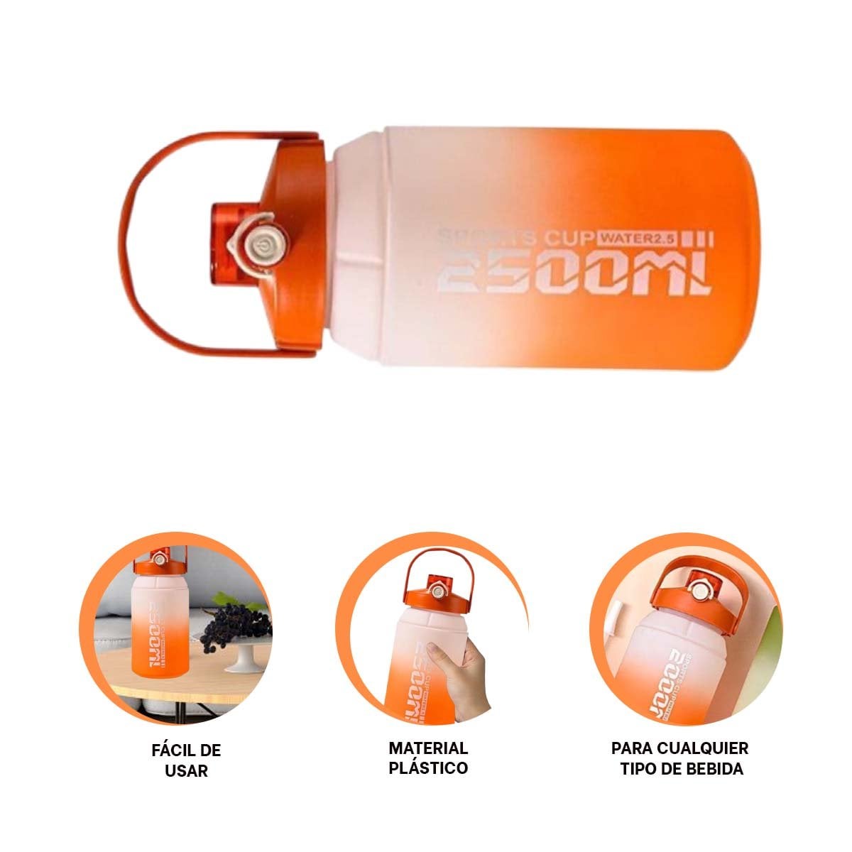 CANTIMPLORA DEPORTIVA GRAN CAPACIDAD 2500ML EN NARANJA Y BLANCO - 3