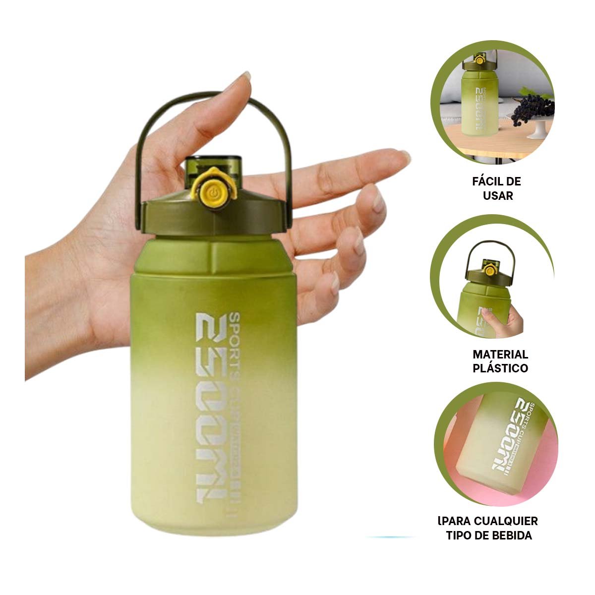 RECIPIENTE DEPORTIVO GRAN VOLUMEN 2500ML EN VERDE Y BLANCO - 3