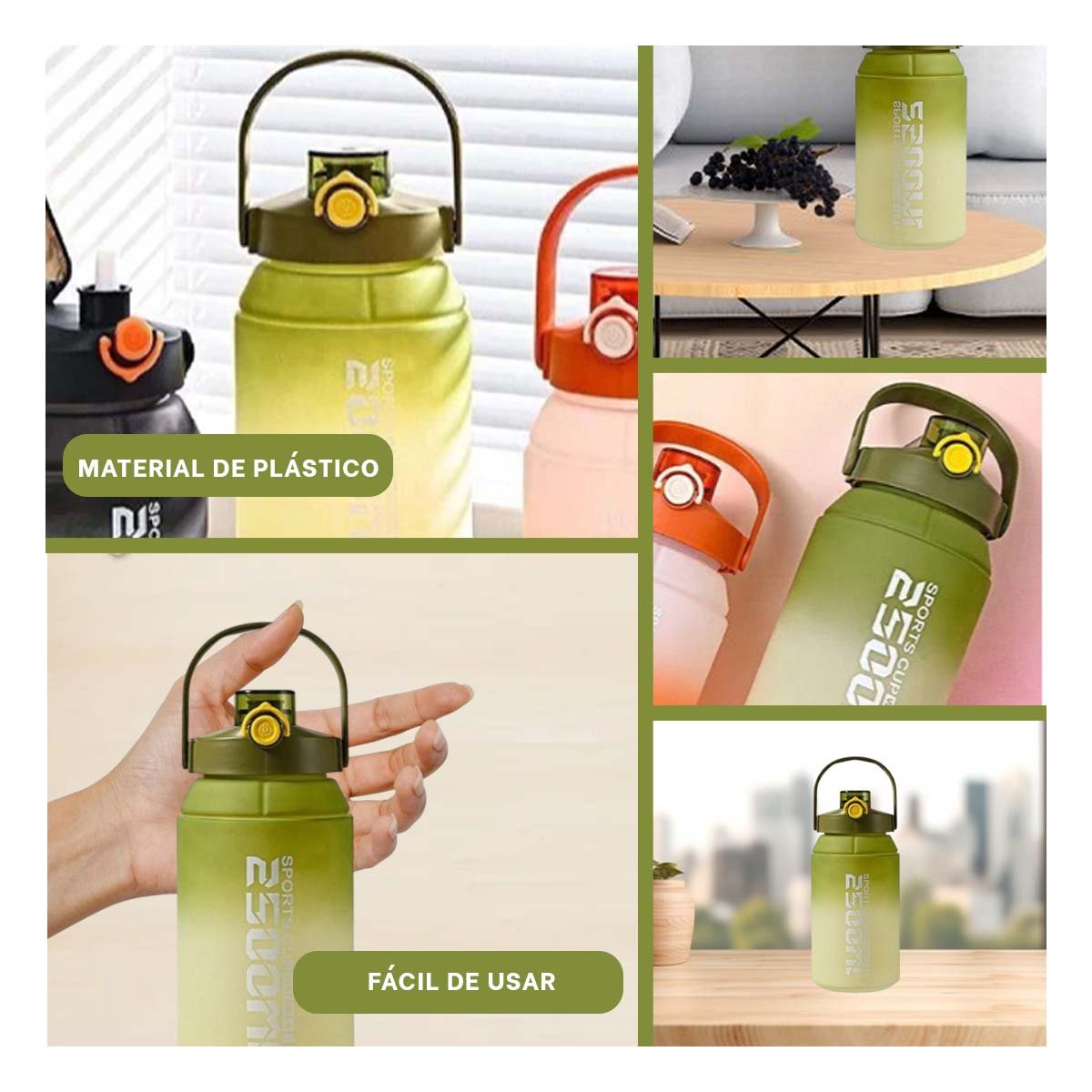 RECIPIENTE DEPORTIVO GRAN VOLUMEN 2500ML EN VERDE Y BLANCO - 5
