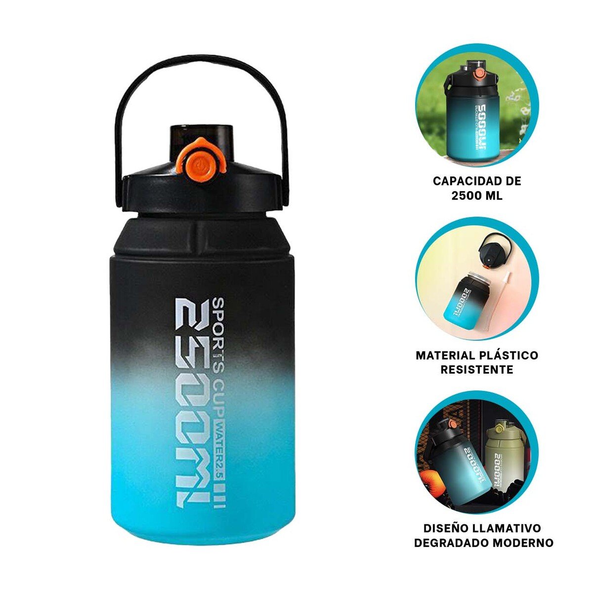 BIDON DEPORTIVO DE ALTO RENDIMIENTO 2500ML EN NEGRO Y CELESTE - 3