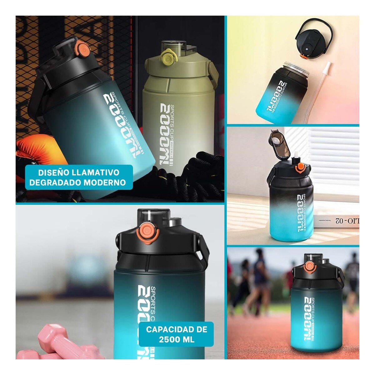 BIDON DEPORTIVO DE ALTO RENDIMIENTO 2500ML EN NEGRO Y CELESTE - 5