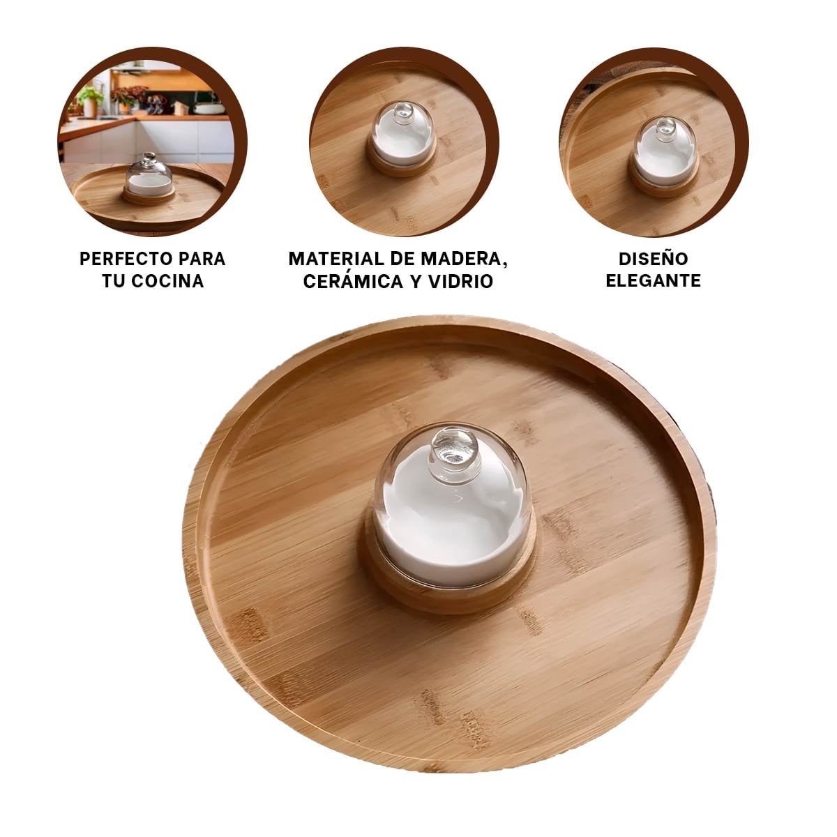 BASE REDONDA DE MADERA CON MINI CUPULA Y BOWL PARA COCINA MODERNA - 3