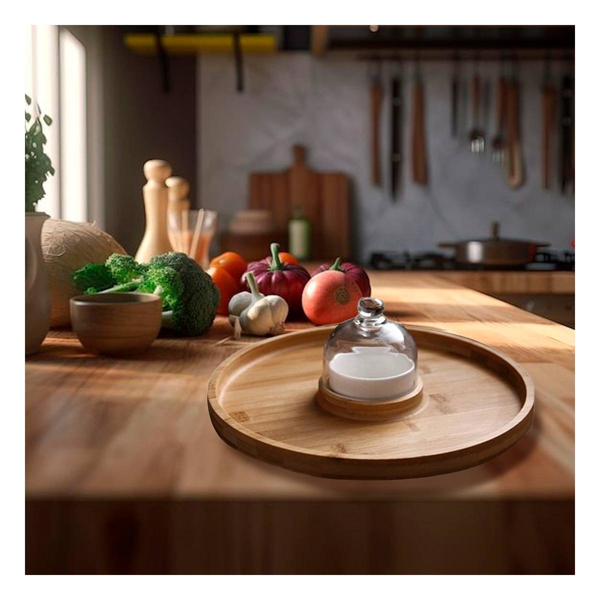 BASE ARTESANAL PARA SERVIR CON MINI CUPULA Y BOWL EN MADERA ELEGANTE Y+REGALO STICKER - 2