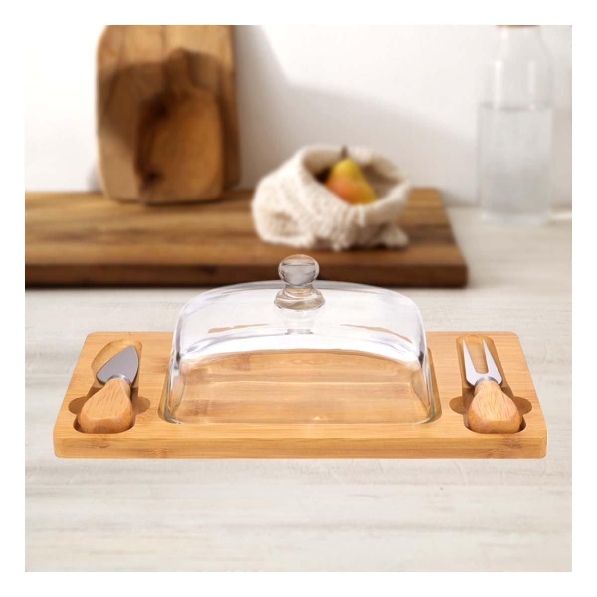 BASE DE MADERA ELEGANTE CON TAPA DE VIDRIO PARA APERITIVOS Y QUESOS MADERA Y+LIGAS REGALO - 2