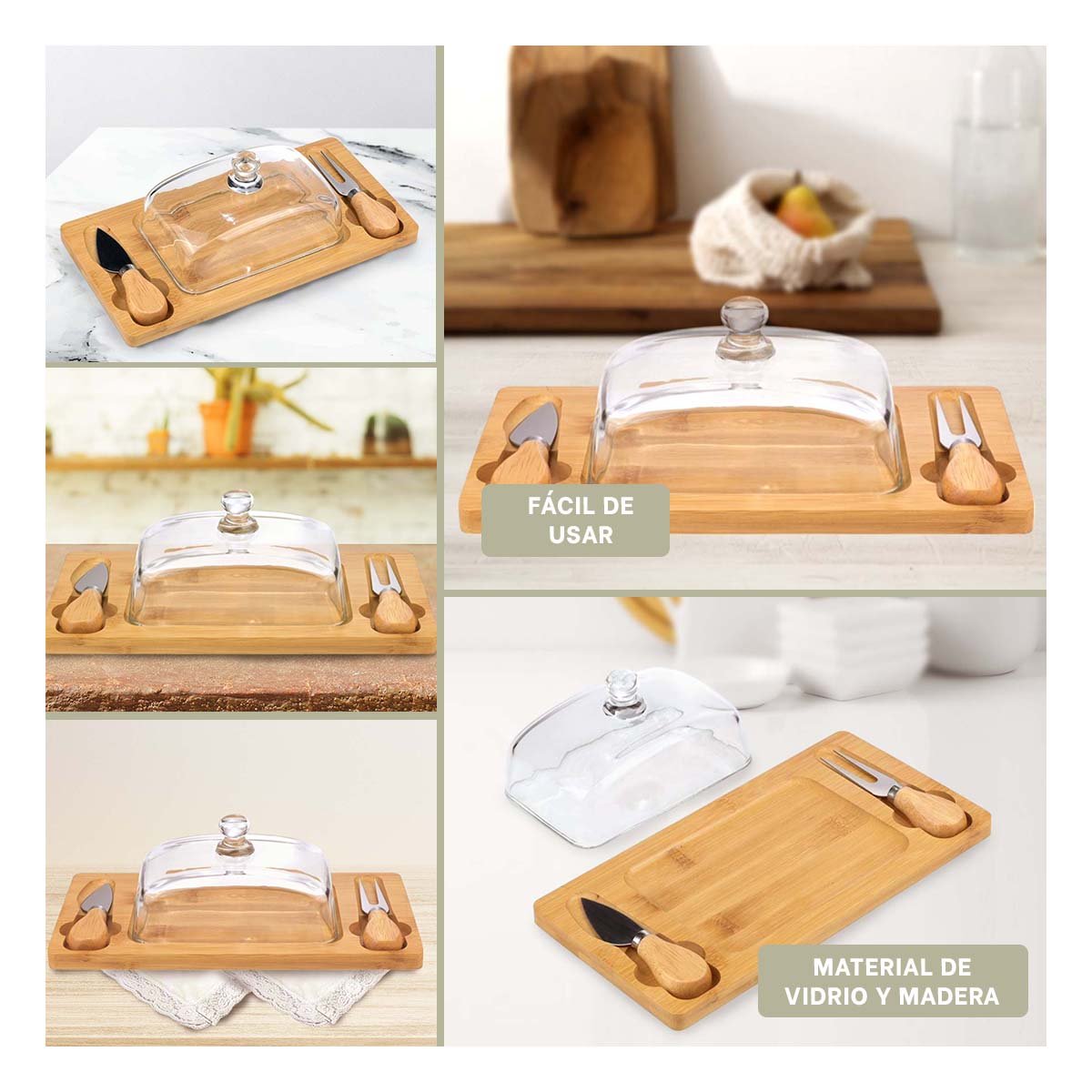 BASE DE MADERA ELEGANTE CON TAPA DE VIDRIO PARA APERITIVOS Y QUESOS MADERA Y+LIGAS REGALO - 5
