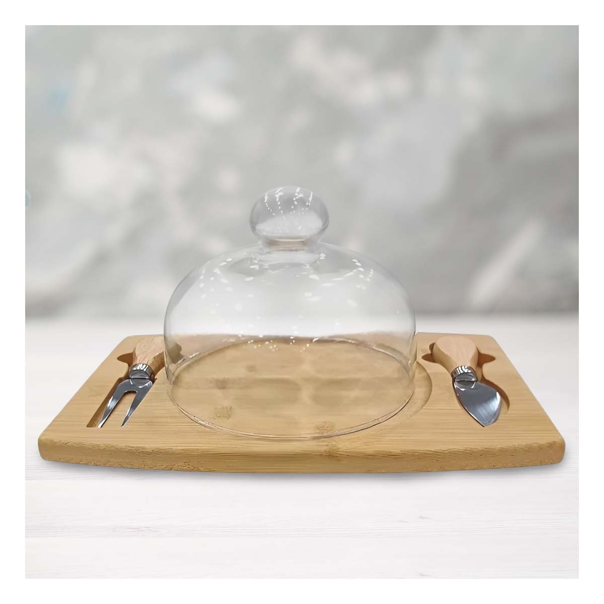 SUPERFICIE DE MADERA CON DOME DE VIDRIO Y DOS UTENSILIOS PARA COCINA MADERA Y+PAPEL REGALO - 5