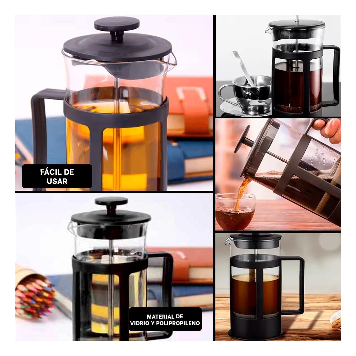 PACK4 DISPENSADOR DE CAFE PRENSA FRANCESA VERTICAL CON CRISTAL NEGRO 600ML Y+REGALO STICKER - 2