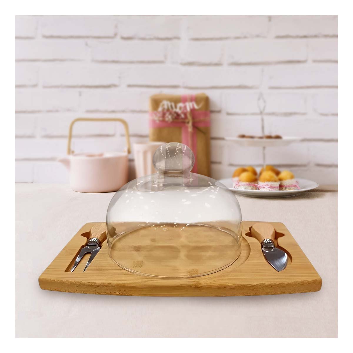 SUPERFICIE DE MADERA PARA SERVIR POSTRES CON DOME DE VIDRIO MADERA Y+POST IT - 2